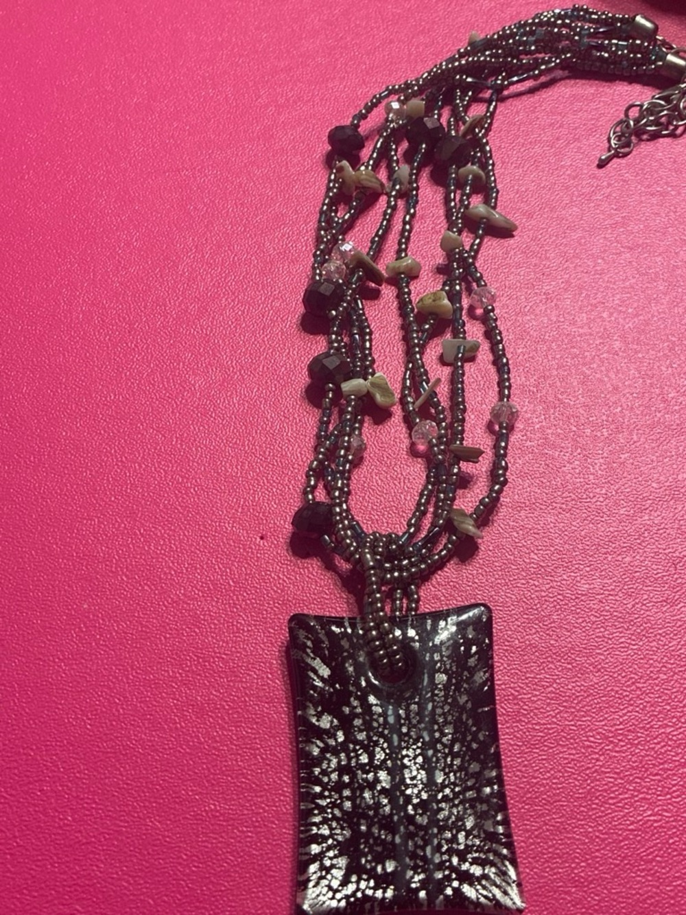 Multi-Strand Black Beaded Necklace with Black Rectangle Pendant